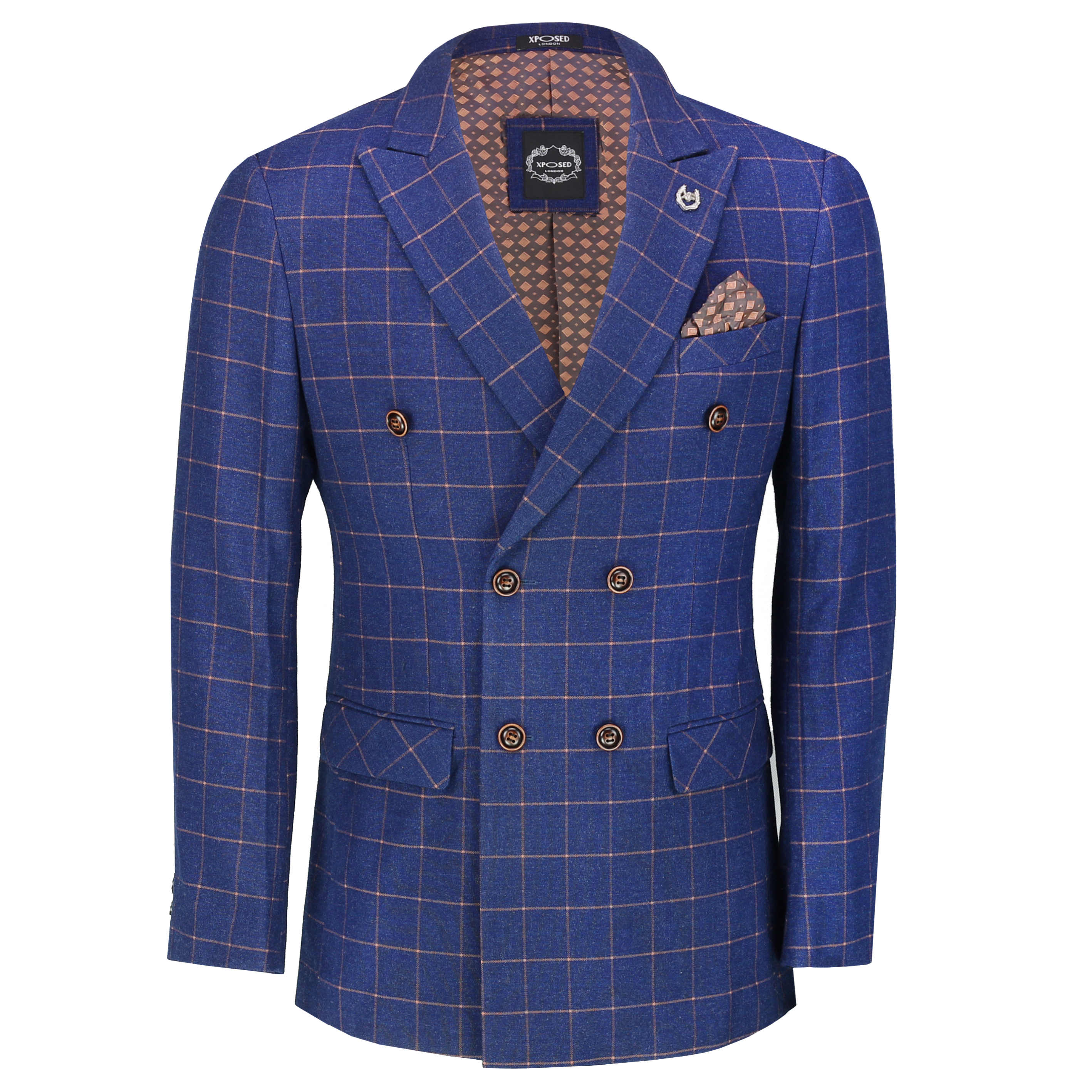 Mens Double Breasted Blazer Blue Windowpane Check Tailored Fit Suit Jacket